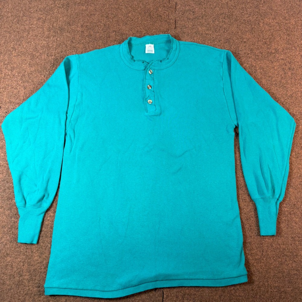 Vintage Henley Shirt Mens Large Teal Turquoise Blue 100% Cotton Made in USA 90s